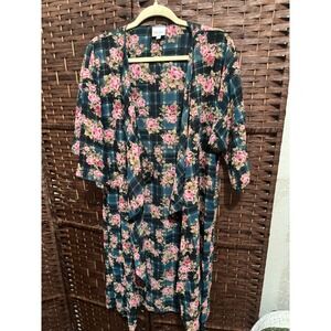 Lularoe Women's Medium Kimono Floral Rose Plaid Teal Blue Cover Up